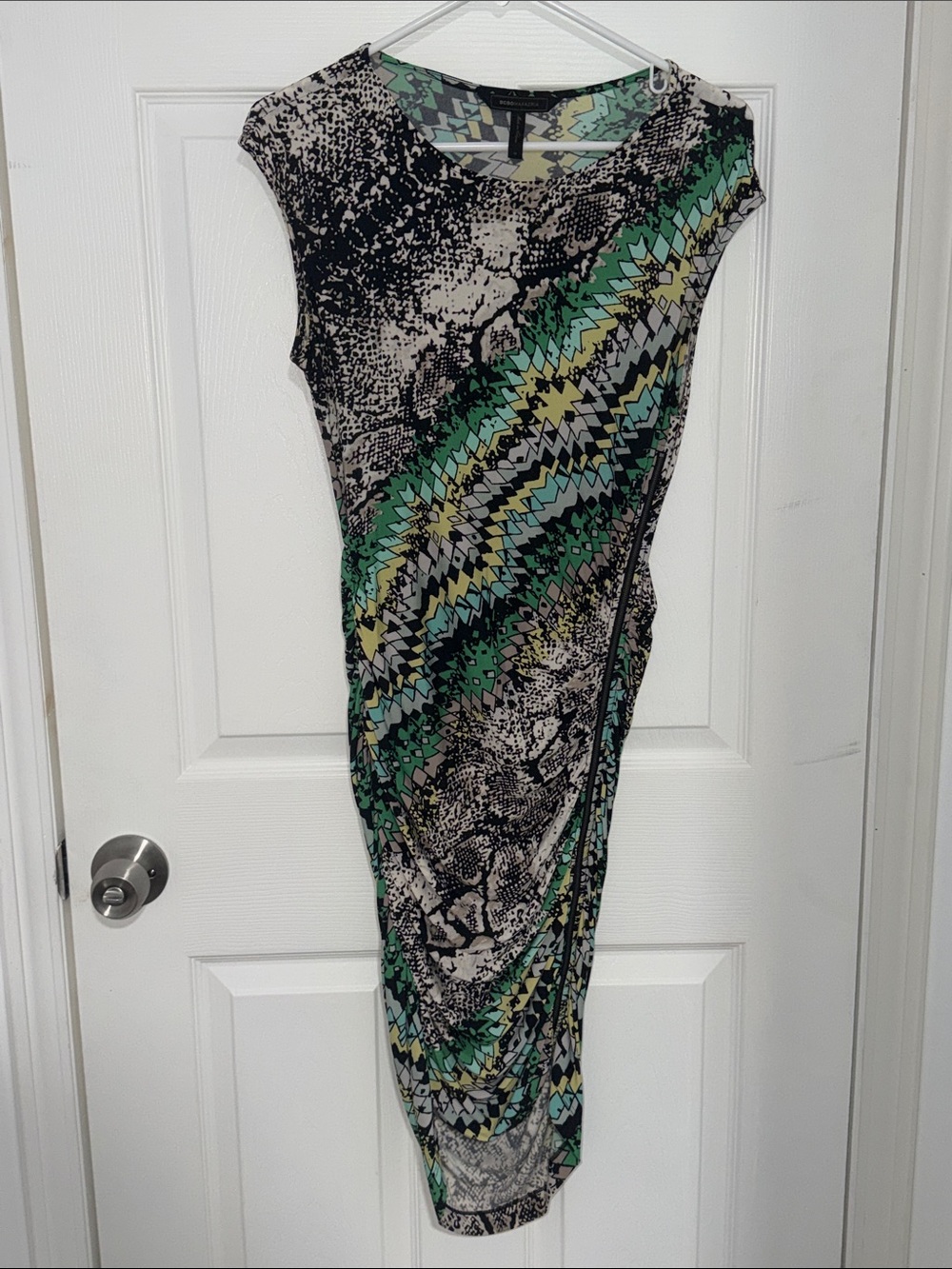 BCBGMaxAzria Green, Black & Cream Printed Midi Dress